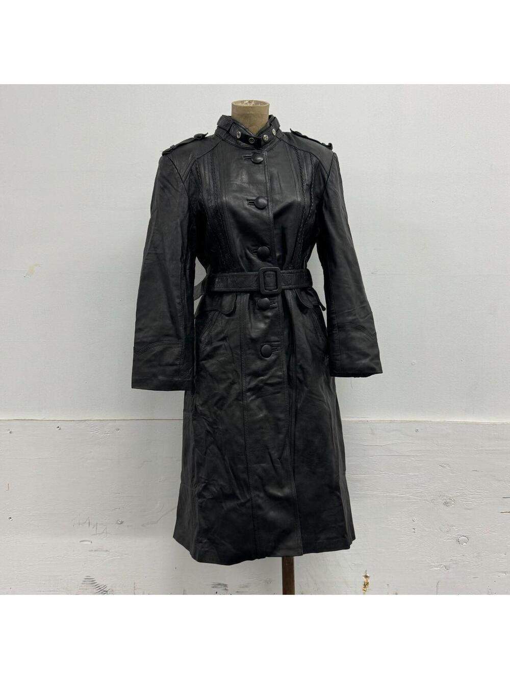 Vintage Genuine Black Leather Military Trench Duster Coat with Belt